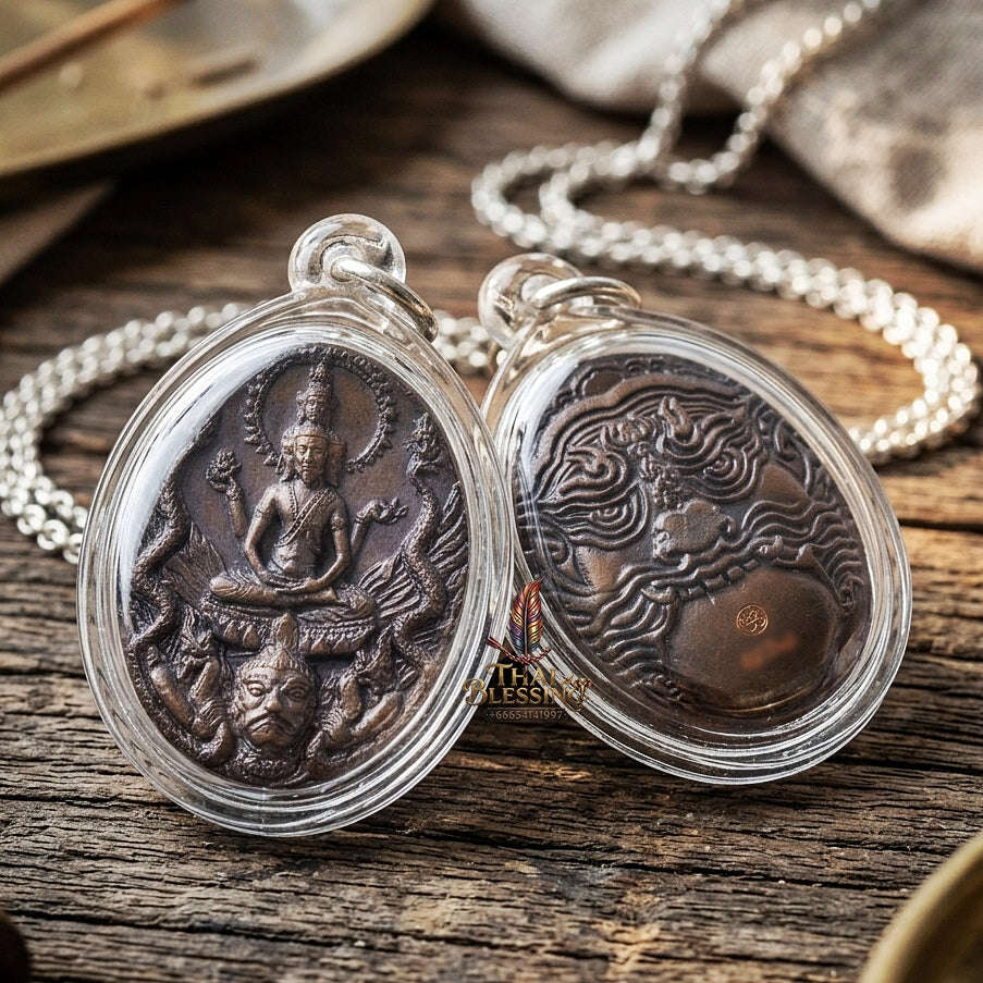 Authentic Thai Ruesi Medal "Pho Pu Rue Si Mahachakraphat Nawa Koti BE 2558" - Nawa Loha Metal Coin with Tiger Head Ruesi Rear