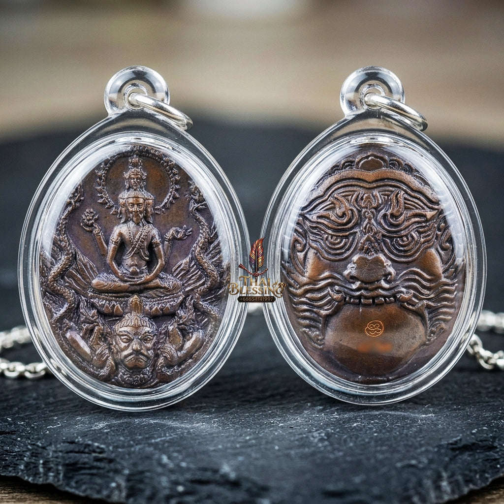 Authentic Thai Ruesi Medal "Pho Pu Rue Si Mahachakraphat Nawa Koti BE 2558" - Nawa Loha Metal Coin with Tiger Head Ruesi Rear