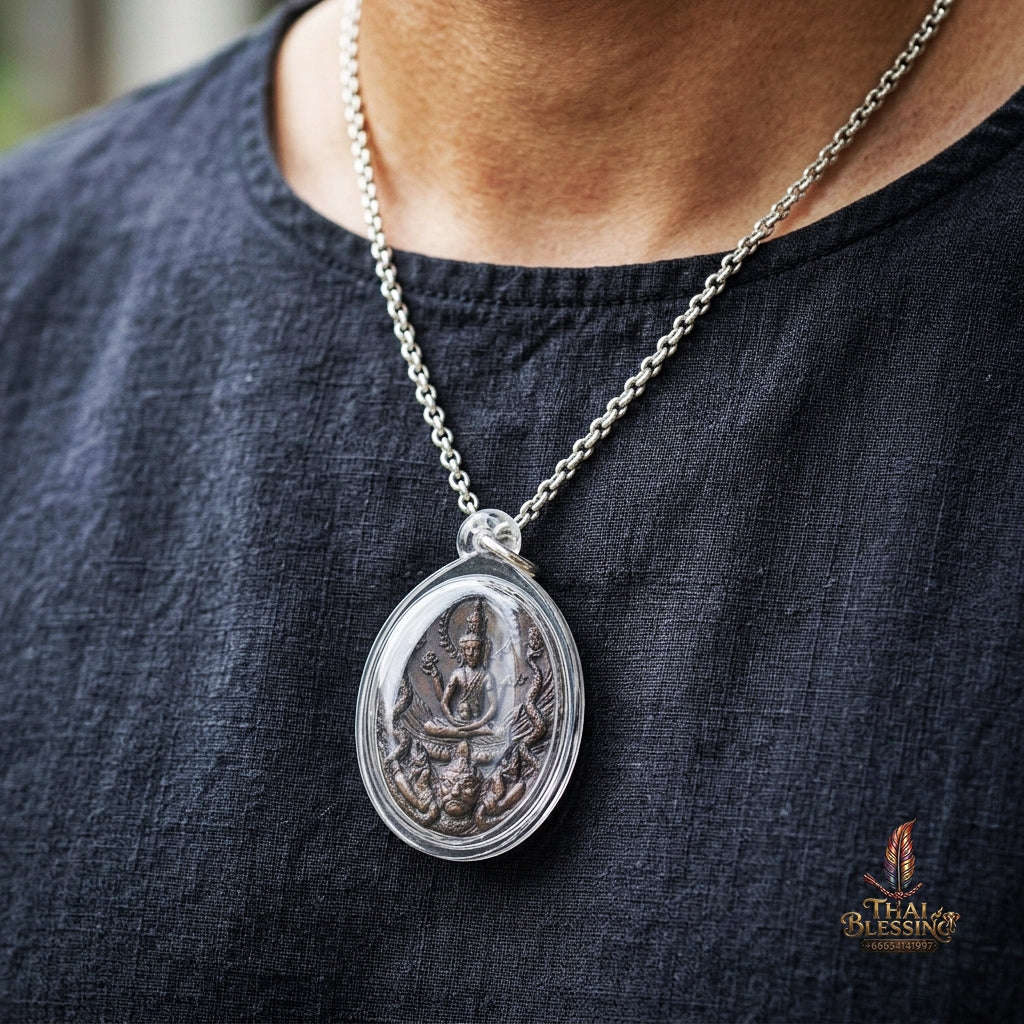Authentic Thai Ruesi Medal "Pho Pu Rue Si Mahachakraphat Nawa Koti BE 2558" - Nawa Loha Metal Coin with Tiger Head Ruesi Rear