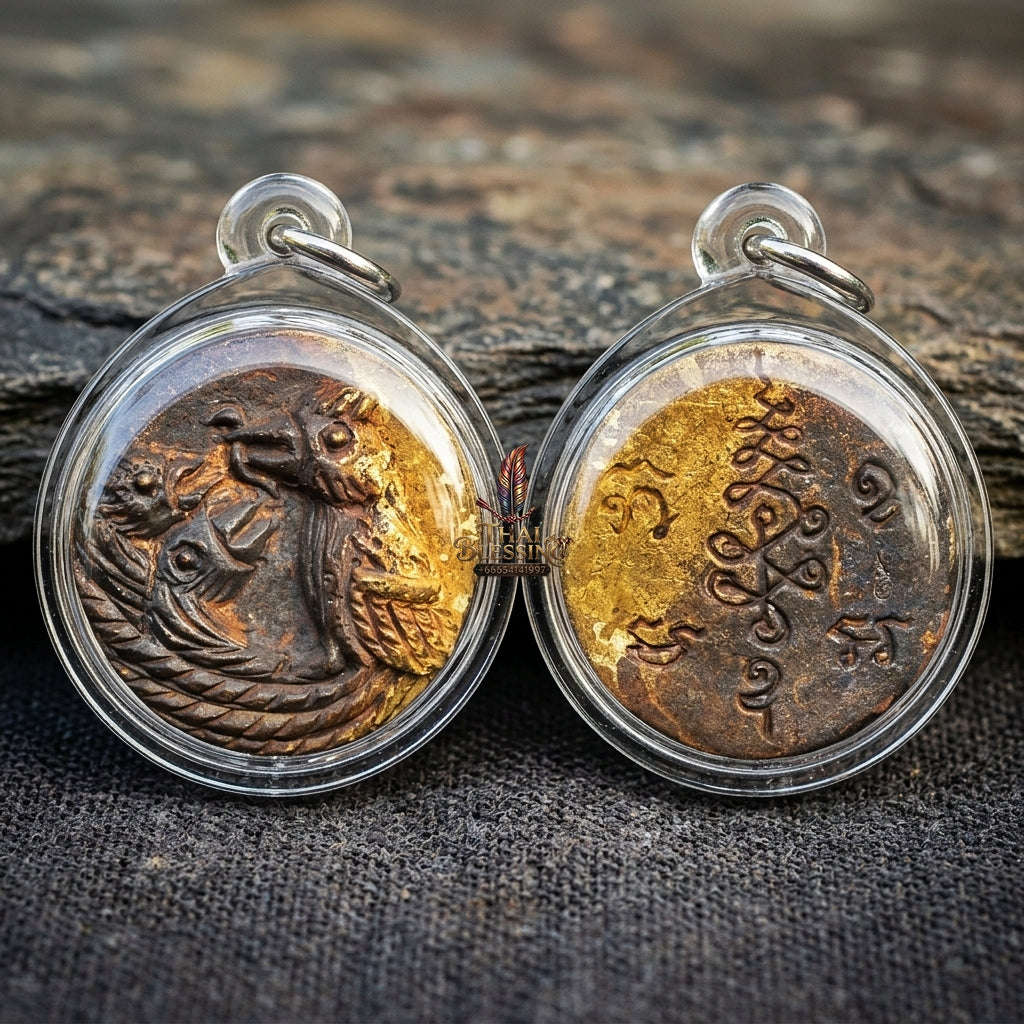 Authentic Thai Sacred Amulet "Cast Salika Bird Feeding Its Chicks - Thong Thip Brass Edition 2020" by Archan Plien Hatthananon, Wat Khao Or Thai Blessing Co By RURUECHA