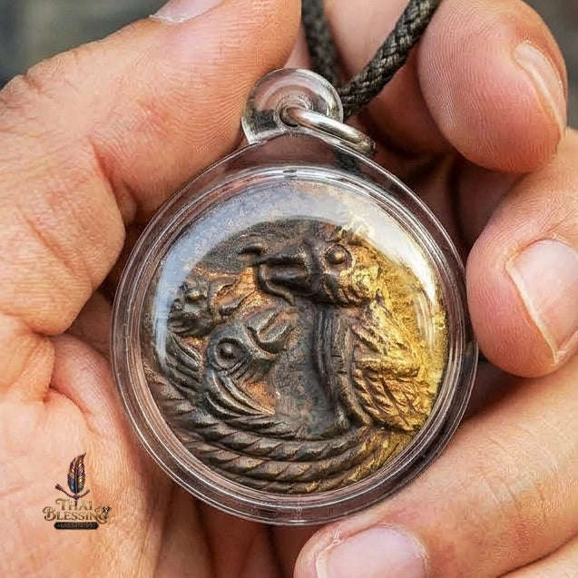 Authentic Thai Sacred Amulet "Cast Salika Bird Feeding Its Chicks - Thong Thip Brass Edition 2020" by Archan Plien Hatthananon, Wat Khao Or Thai Blessing Co By RURUECHA