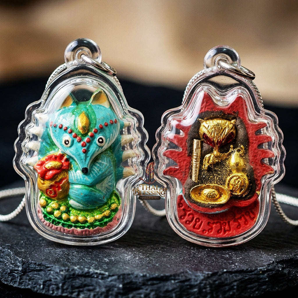 Authentic Thai Sacred Amulet "Millionaire Fox Spirit - Painted Sacred Samrit Edition 2024" (Holy Powder & Gold Relics) Thai Blessing Co By RURUECHA
