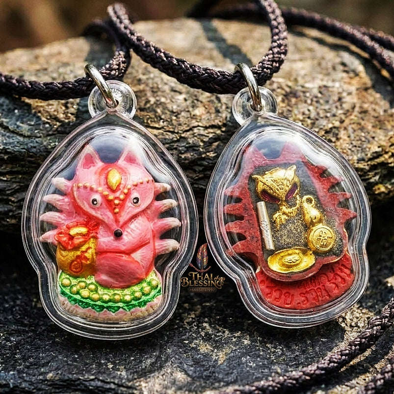 Authentic Thai Sacred Amulet "Millionaire Fox Spirit - Pink Enchantment Samrit Edition 2024" (Holy Powder & Gold Relics) Thai Blessing Co By RURUECHA