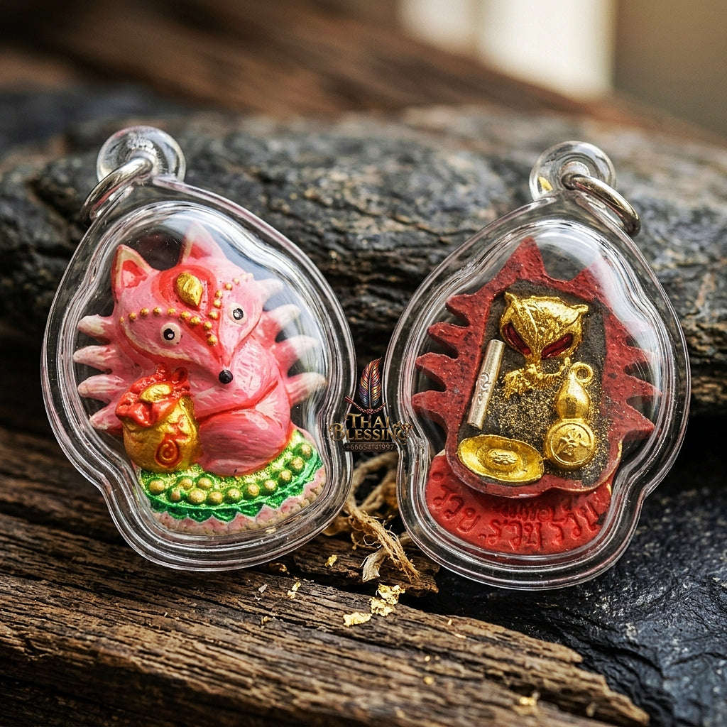 Authentic Thai Sacred Amulet "Millionaire Fox Spirit - Pink Enchantment Samrit Edition 2024" (Holy Powder & Gold Relics) Thai Blessing Co By RURUECHA