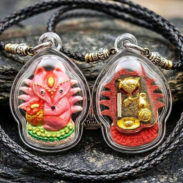Authentic Thai Sacred Amulet "Millionaire Fox Spirit - Pink Enchantment Samrit Edition 2024" (Holy Powder & Gold Relics) Thai Blessing Co By RURUECHA