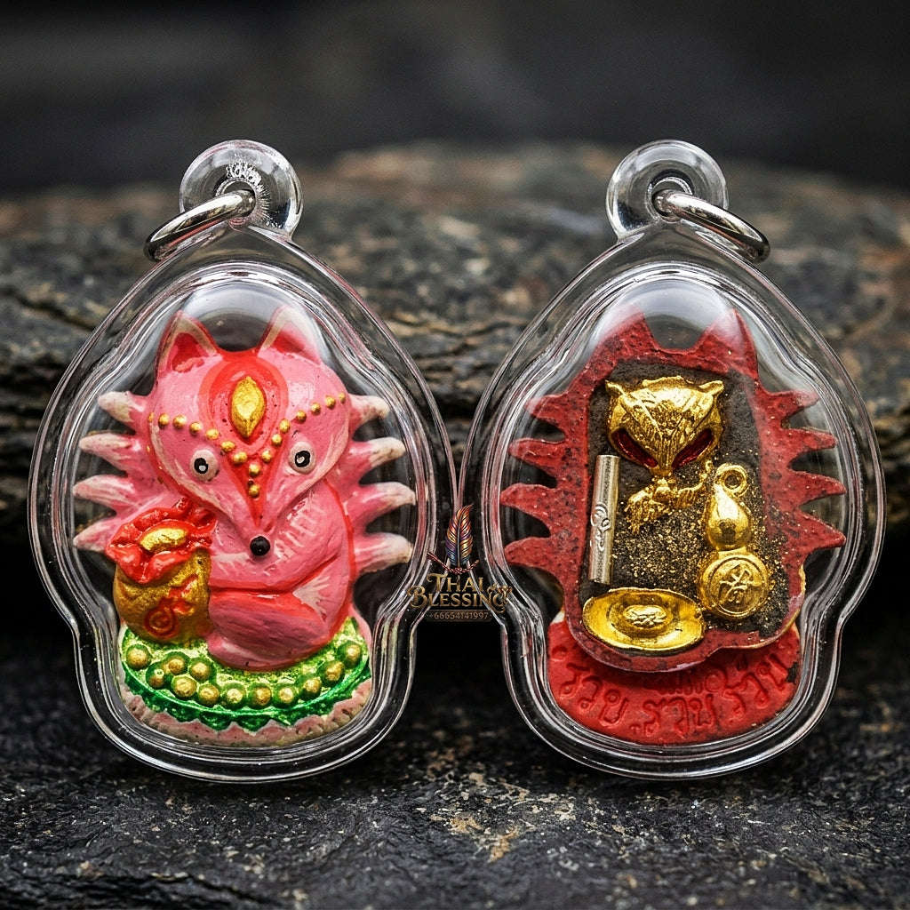 Authentic Thai Sacred Amulet "Millionaire Fox Spirit - Pink Enchantment Samrit Edition 2024" (Holy Powder & Gold Relics) Thai Blessing Co By RURUECHA