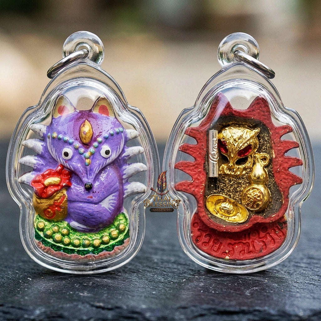 Authentic Thai Sacred Amulet "Millionaire Fox Spirit - Purple Enchantment Samrit Edition 2024" (Holy Powder & Gold Relics) Thai Blessing Co By RURUECHA