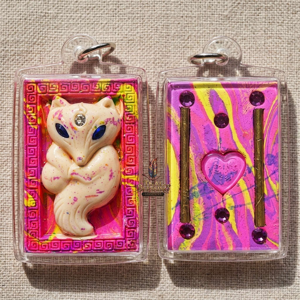 Authentic Thai Sacred Amulet "Nine-Tailed Fox Spirit - Love & Fortune Attraction Edition 2013" (Sacred Powder with Takrut & Heart Gem) by Khruba Krissana Intawanno Thai Blessing Co By RURUECHA