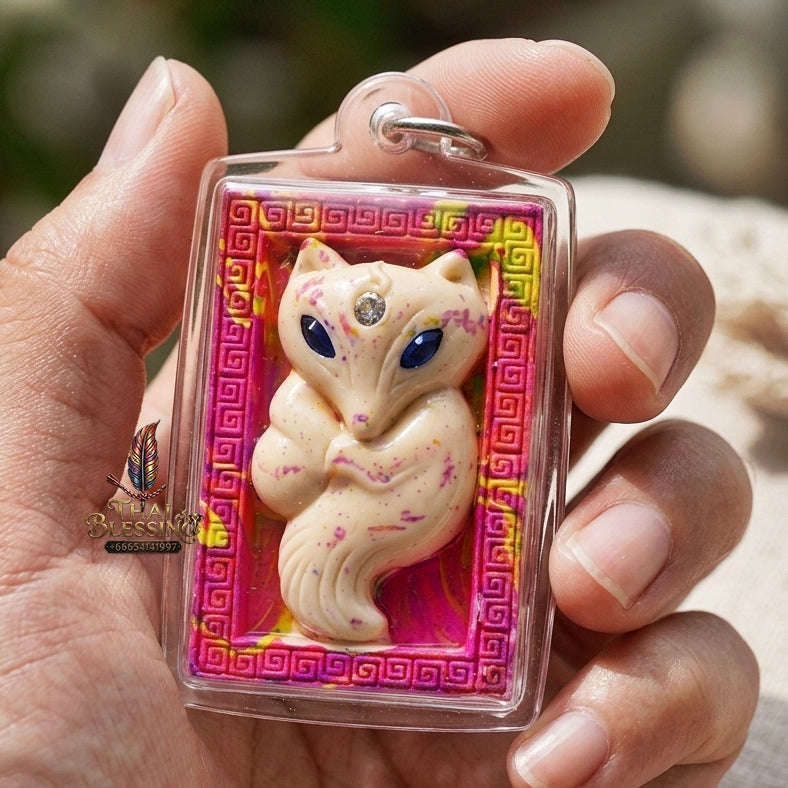 Authentic Thai Sacred Amulet "Nine-Tailed Fox Spirit - Love & Fortune Attraction Edition 2013" (Sacred Powder with Takrut & Heart Gem) by Khruba Krissana Intawanno Thai Blessing Co By RURUECHA