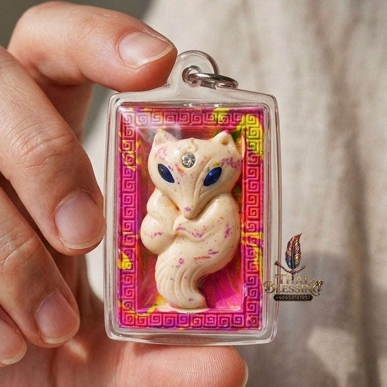 Authentic Thai Sacred Amulet "Nine-Tailed Fox Spirit - Love & Fortune Attraction Edition 2013" (Sacred Powder with Takrut & Heart Gem) by Khruba Krissana Intawanno Thai Blessing Co By RURUECHA