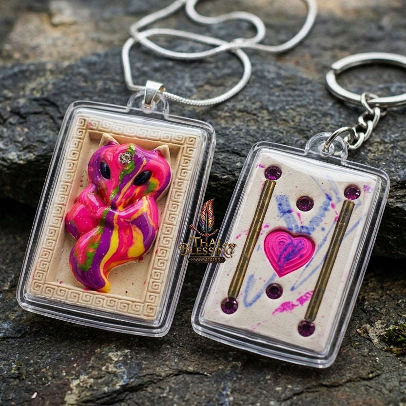 Authentic Thai Sacred Amulet "Nine-Tailed Fox Spirit - Love & Fortune Attraction Edition 2013" (Sacred Powder with Takrut & Heart Gem) Thai Blessing Co By RURUECHA