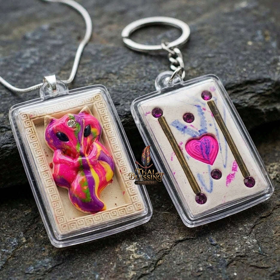 Authentic Thai Sacred Amulet "Nine-Tailed Fox Spirit - Love & Fortune Attraction Edition 2013" (Sacred Powder with Takrut & Heart Gem) Thai Blessing Co By RURUECHA