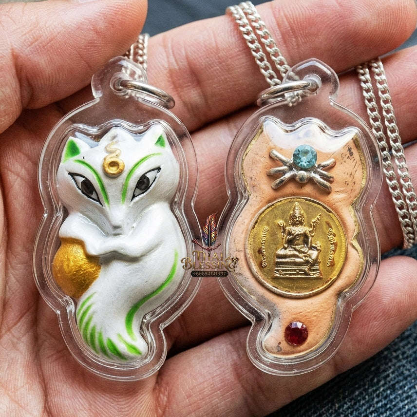 Authentic Thai Sacred Amulet "Nine-Tailed Fox Spirit & Phra Brahma - Money-Trapping Spider Edition 2013" (Brass & Sacred Gems) by Khruba Krissana Intawanno Thai Blessing Co By RURUECHA