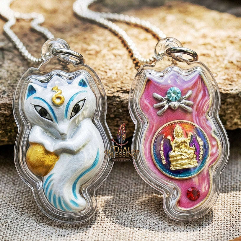 Authentic Thai Sacred Amulet "Nine-Tailed Fox Spirit & Phra Brahma - Money-Trapping Spider Edition 2013" (Brass & Sacred Gems) by Khruba Krissana Intawanno Thai Blessing Co By RURUECHA
