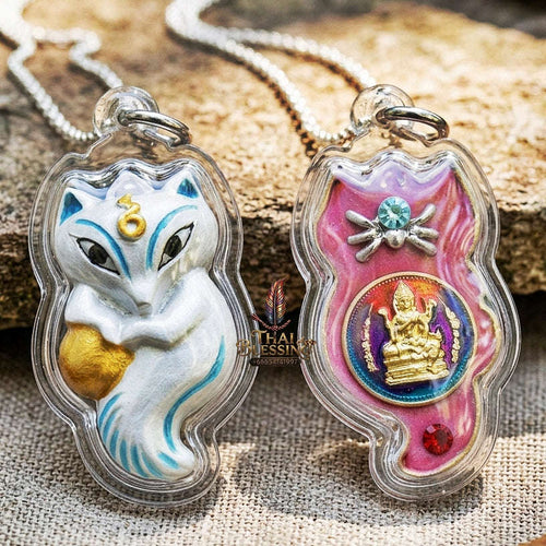 Authentic Thai Sacred Amulet "Nine-Tailed Fox Spirit & Phra Brahma - Money-Trapping Spider Edition 2013" (Brass & Sacred Gems) by Khruba Krissana Intawanno Thai Blessing Co By RURUECHA