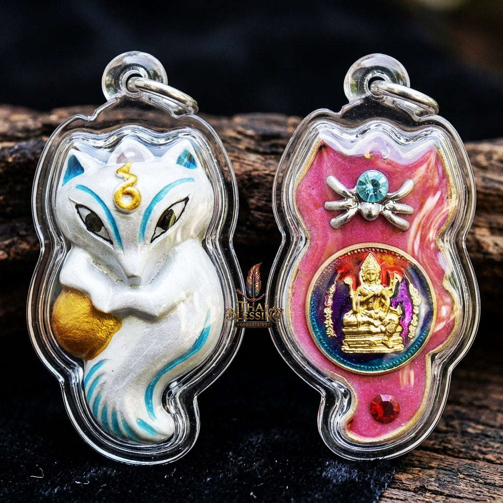 Authentic Thai Sacred Amulet "Nine-Tailed Fox Spirit & Phra Brahma - Money-Trapping Spider Edition 2013" (Brass & Sacred Gems) by Khruba Krissana Intawanno Thai Blessing Co By RURUECHA