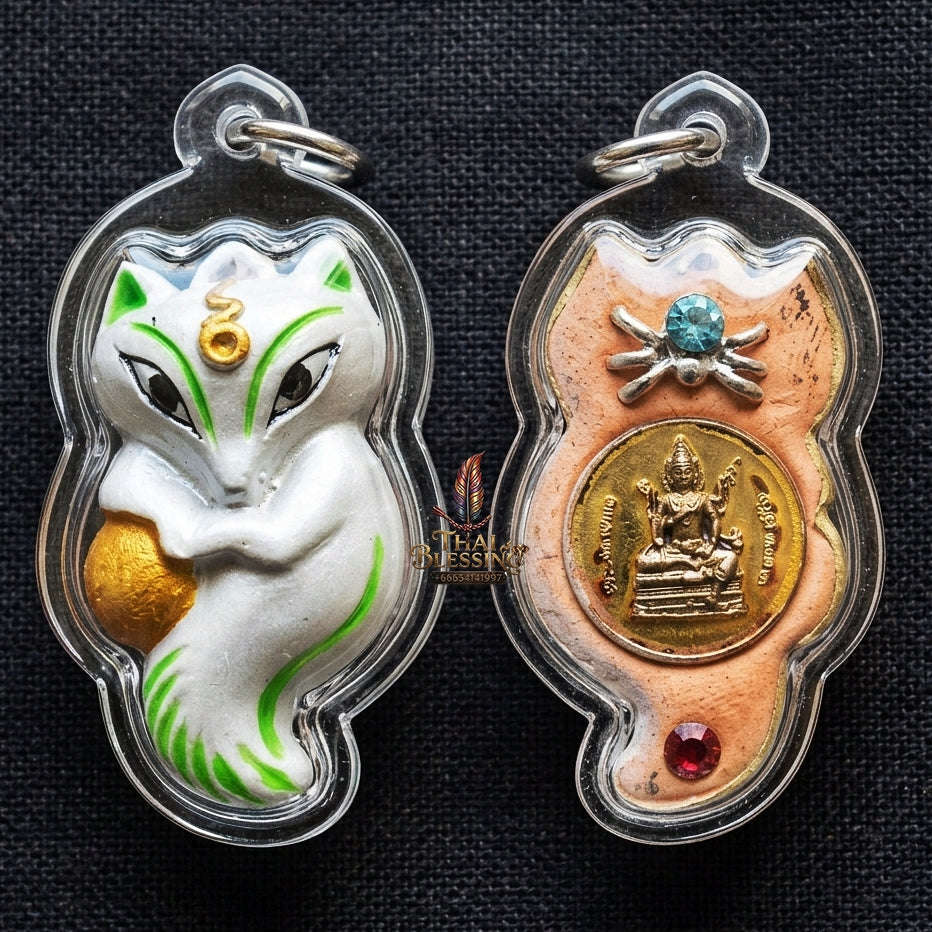 Authentic Thai Sacred Amulet "Nine-Tailed Fox Spirit & Phra Brahma - Money-Trapping Spider Edition 2013" (Brass & Sacred Gems) by Khruba Krissana Intawanno Thai Blessing Co By RURUECHA