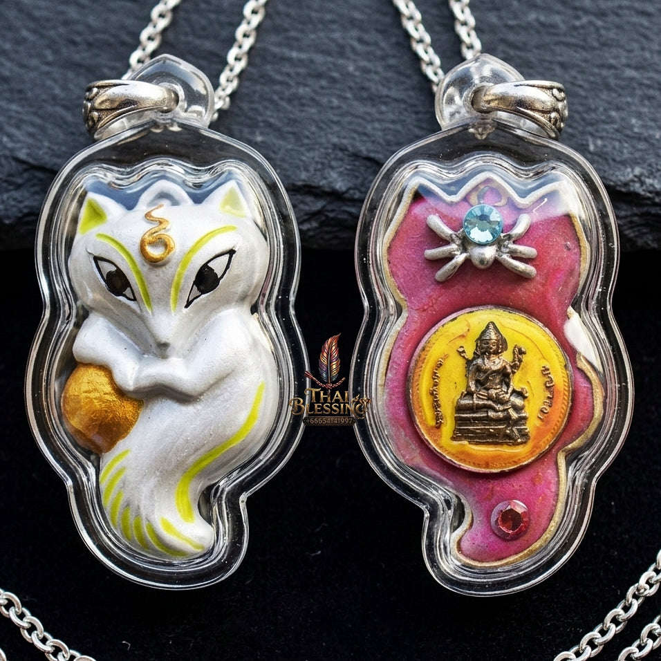 Authentic Thai Sacred Amulet "Nine-Tailed Fox Spirit & Phra Brahma - Money-Trapping Spider Edition 2013" (Brass & Sacred Gems) by Khruba Krissana Intawanno Thai Blessing Co By RURUECHA