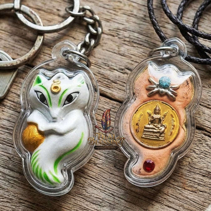 Authentic Thai Sacred Amulet "Nine-Tailed Fox Spirit & Phra Brahma - Money-Trapping Spider Edition 2013" (Brass & Sacred Gems) by Khruba Krissana Intawanno Thai Blessing Co By RURUECHA