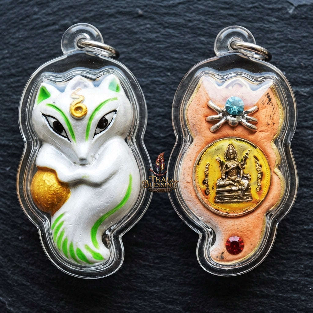 Authentic Thai Sacred Amulet "Nine-Tailed Fox Spirit & Phra Brahma - Money-Trapping Spider Edition 2013" (Brass & Sacred Gems) by Khruba Krissana Intawanno Thai Blessing Co By RURUECHA