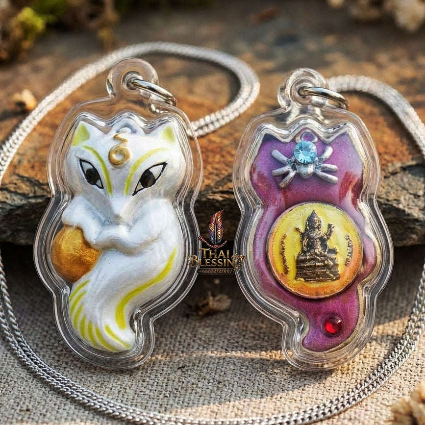 Authentic Thai Sacred Amulet "Nine-Tailed Fox Spirit & Phra Brahma - Money-Trapping Spider Edition 2013" (Brass & Sacred Gems) by Khruba Krissana Intawanno Thai Blessing Co By RURUECHA
