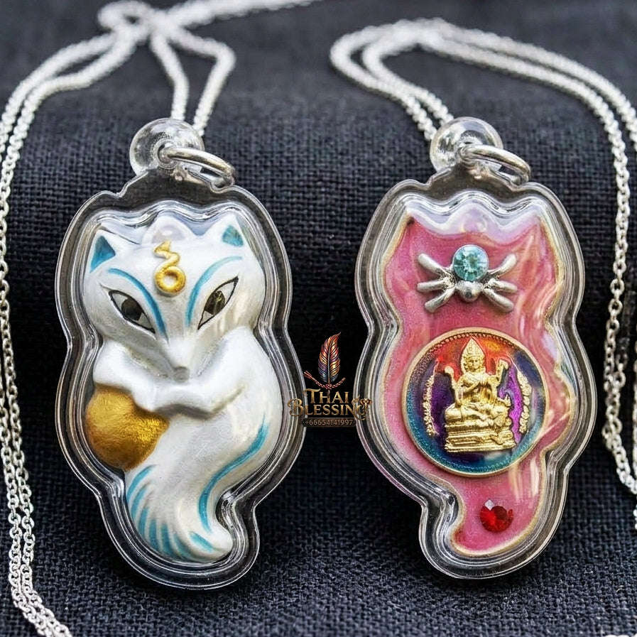Authentic Thai Sacred Amulet "Nine-Tailed Fox Spirit & Phra Brahma - Money-Trapping Spider Edition 2013" (Brass & Sacred Gems) by Khruba Krissana Intawanno Thai Blessing Co By RURUECHA