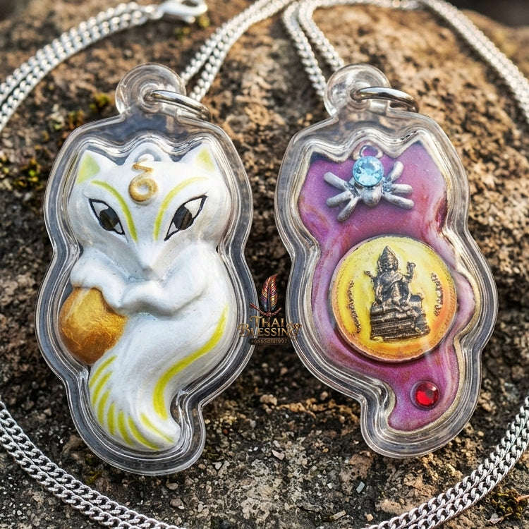 Authentic Thai Sacred Amulet "Nine-Tailed Fox Spirit & Phra Brahma - Money-Trapping Spider Edition 2013" (Brass & Sacred Gems) by Khruba Krissana Intawanno Thai Blessing Co By RURUECHA