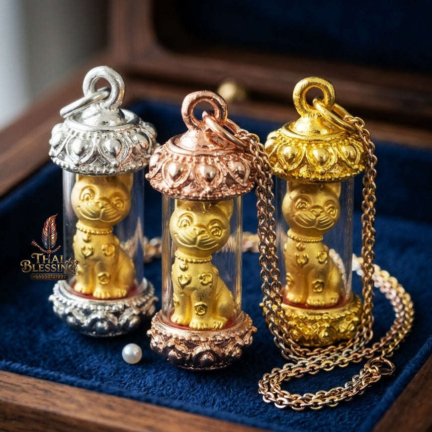 Authentic Thai Sacred Cat Amulet (Maew Meow Raek Sap) - Thong Thip Brass Filled with Sacred Cat Placenta Powder Edition for Wealth Attraction, Business Luck & Metta Charm Thai Blessing Co By RURUECHA