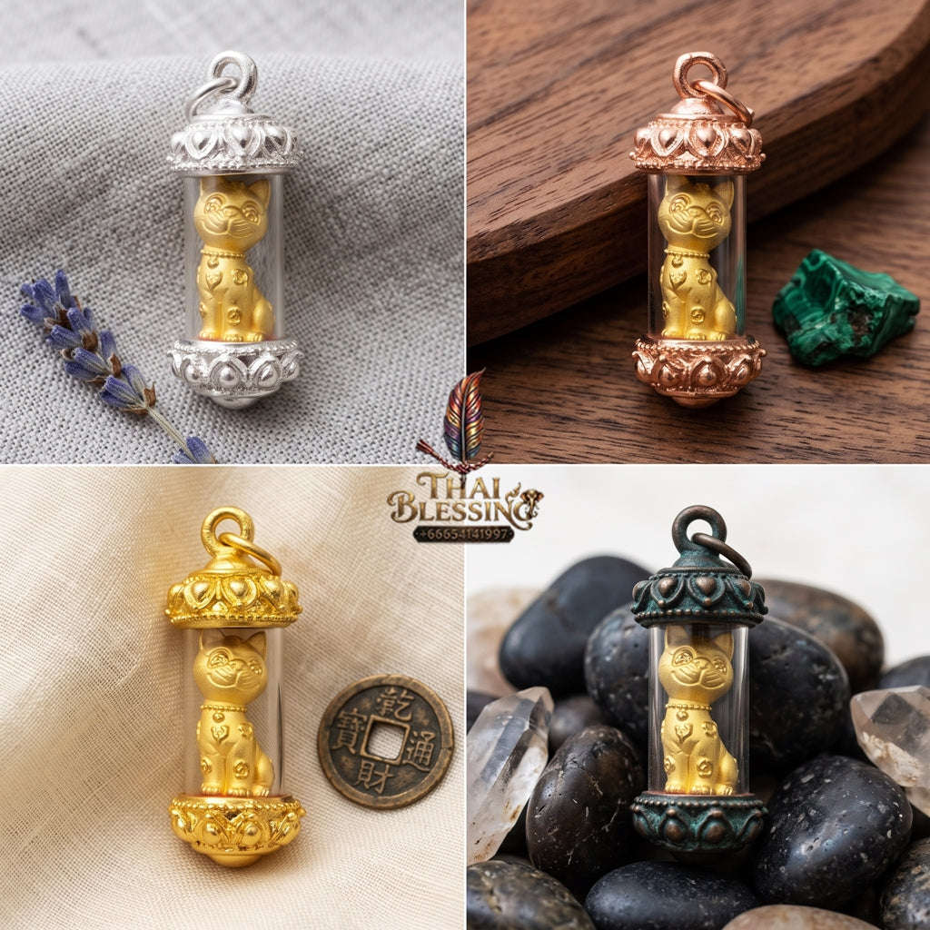Authentic Thai Sacred Cat Amulet (Maew Meow Raek Sap) - Thong Thip Brass Filled with Sacred Cat Placenta Powder Edition for Wealth Attraction, Business Luck & Metta Charm Thai Blessing Co By RURUECHA