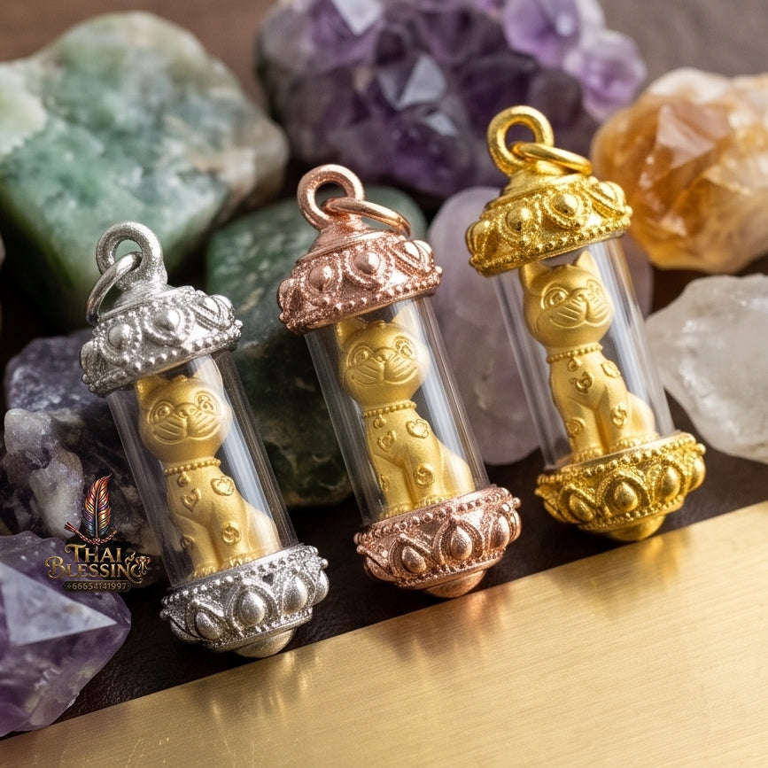 Authentic Thai Sacred Cat Amulet (Maew Meow Raek Sap) - Thong Thip Brass Filled with Sacred Cat Placenta Powder Edition for Wealth Attraction, Business Luck & Metta Charm Thai Blessing Co By RURUECHA