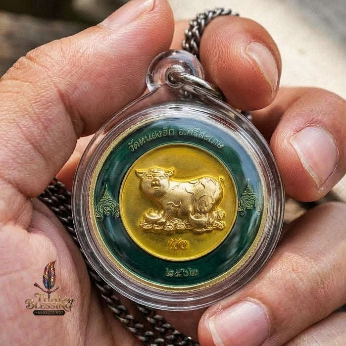 Authentic Thai Sacred Coin Amulet "Auspicious Fortune Pig - Chok Dee Edition 2019" (Green & Red Enamel Brass) by Luang Pu Saen, Wat Nong Jik Thai Blessing Co By RURUECHA