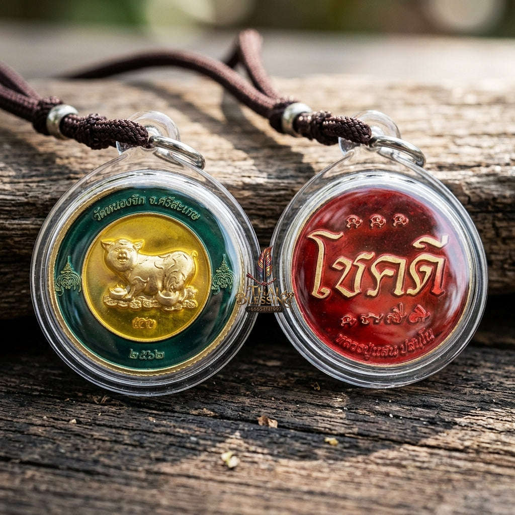 Authentic Thai Sacred Coin Amulet "Auspicious Fortune Pig - Chok Dee Edition 2019" (Green & Red Enamel Brass) by Luang Pu Saen, Wat Nong Jik Thai Blessing Co By RURUECHA