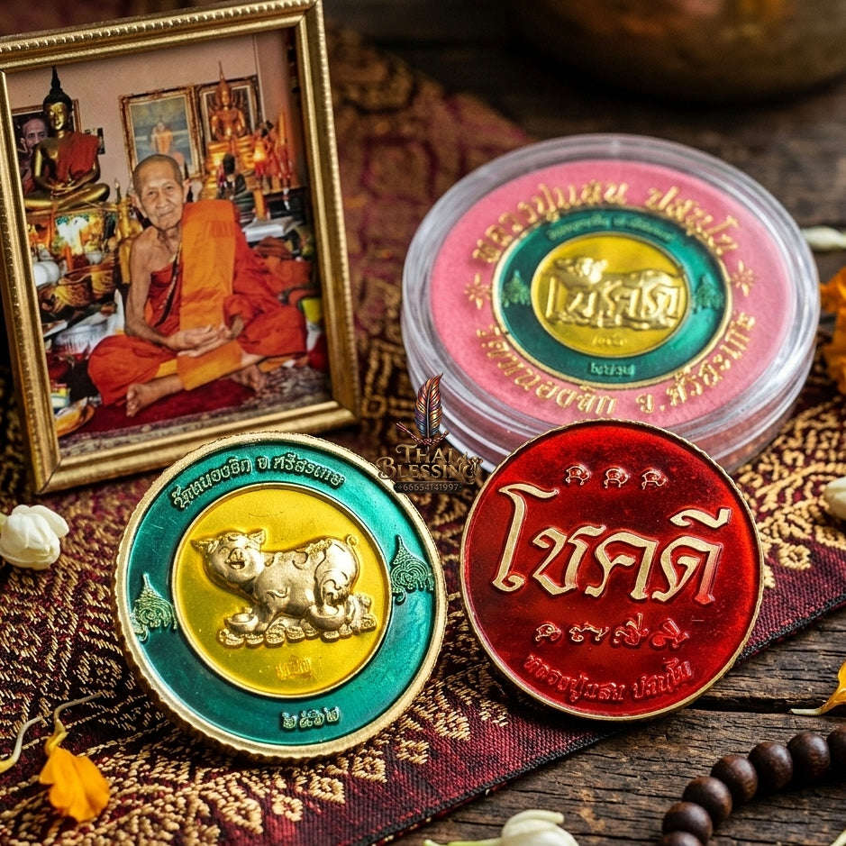 Authentic Thai Sacred Coin Amulet "Auspicious Fortune Pig - Chok Dee Edition 2019" (Green & Red Enamel Brass) by Luang Pu Saen, Wat Nong Jik Thai Blessing Co By RURUECHA