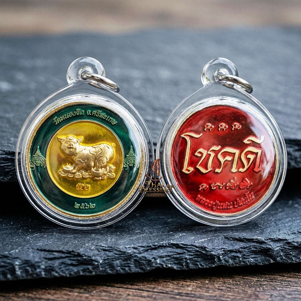 Authentic Thai Sacred Coin Amulet "Auspicious Fortune Pig - Chok Dee Edition 2019" (Green & Red Enamel Brass) by Luang Pu Saen, Wat Nong Jik Thai Blessing Co By RURUECHA