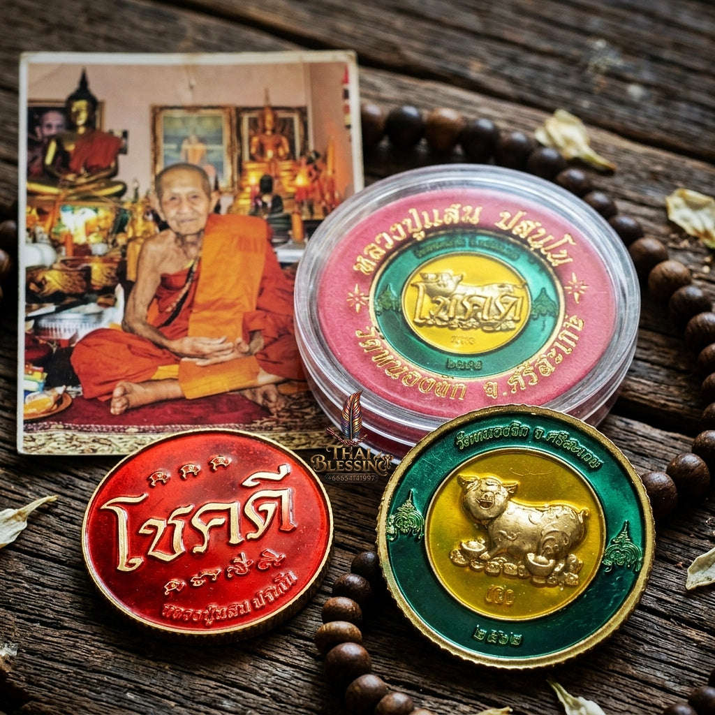 Authentic Thai Sacred Coin Amulet "Auspicious Fortune Pig - Chok Dee Edition 2019" (Green & Red Enamel Brass) by Luang Pu Saen, Wat Nong Jik Thai Blessing Co By RURUECHA