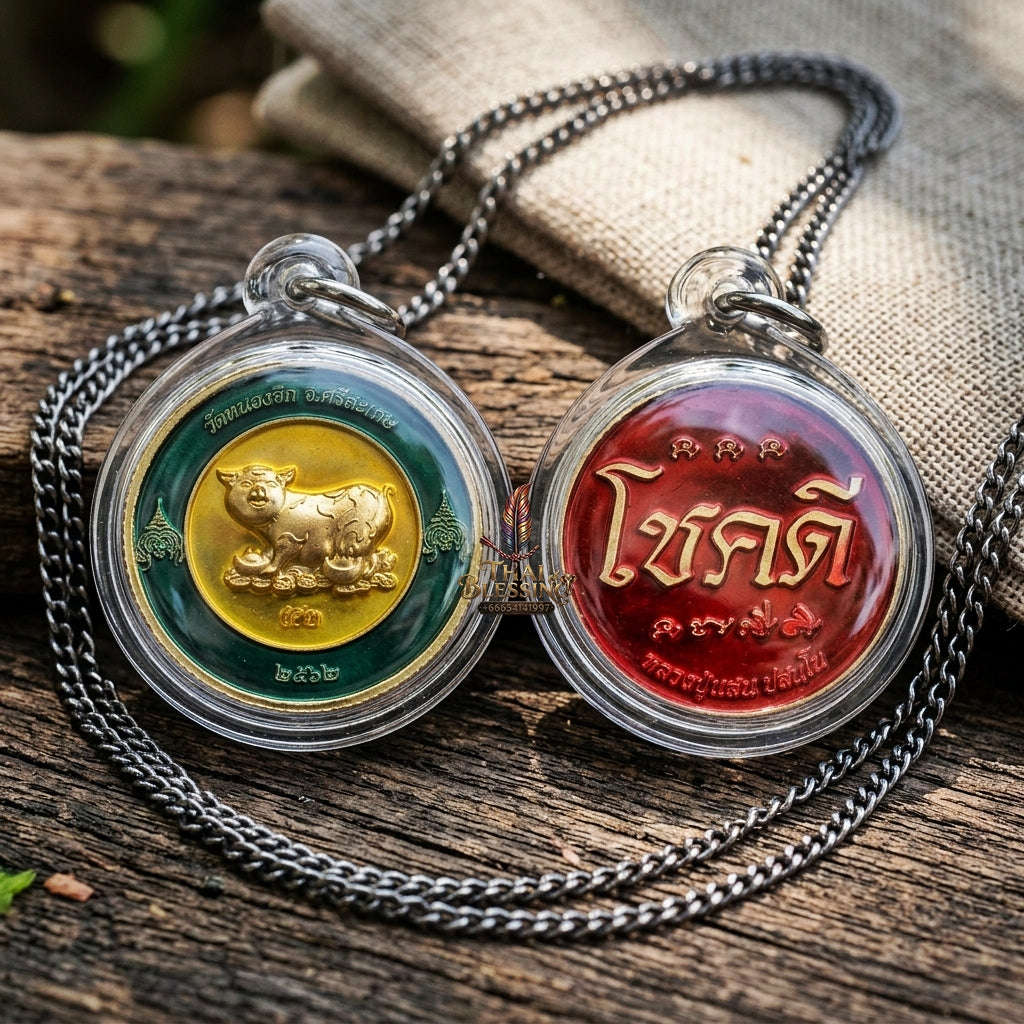 Authentic Thai Sacred Coin Amulet "Auspicious Fortune Pig - Chok Dee Edition 2019" (Green & Red Enamel Brass) by Luang Pu Saen, Wat Nong Jik Thai Blessing Co By RURUECHA
