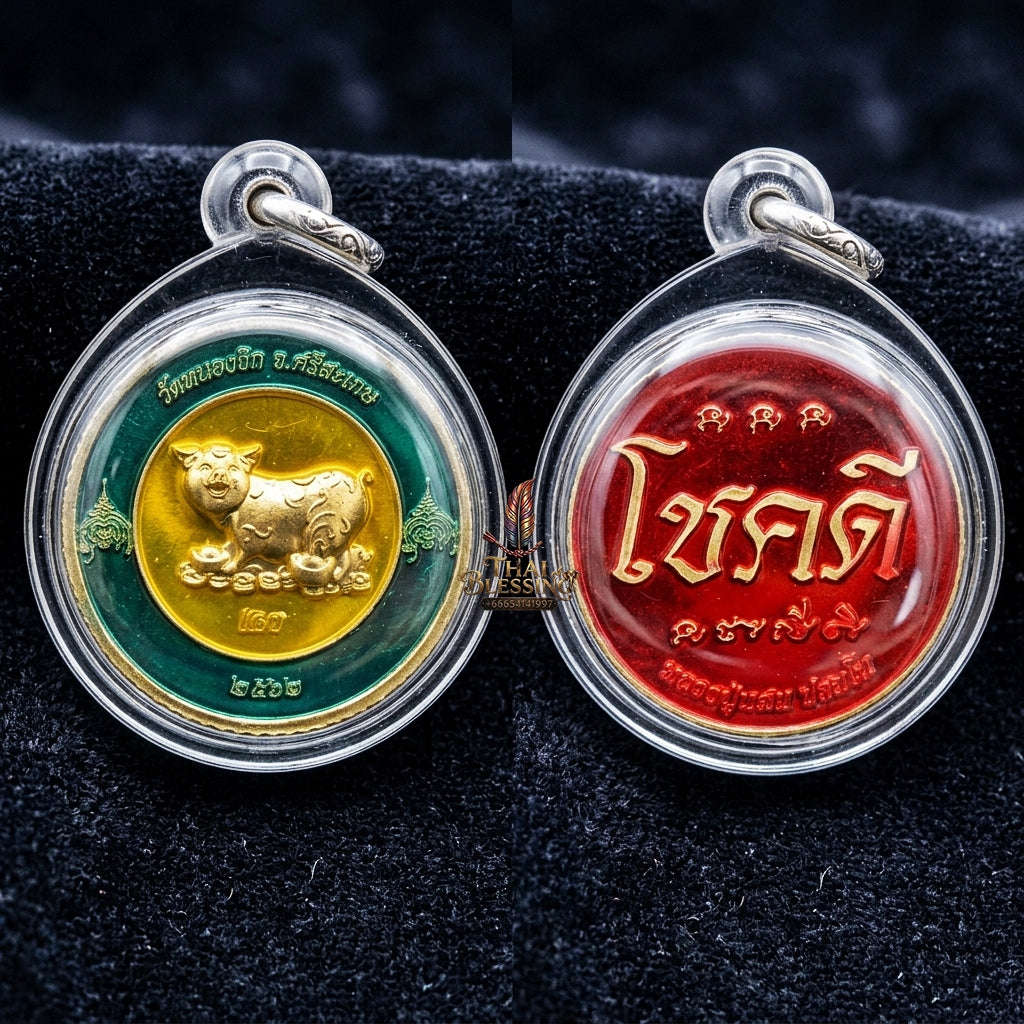 Authentic Thai Sacred Coin Amulet "Auspicious Fortune Pig - Chok Dee Edition 2019" (Green & Red Enamel Brass) by Luang Pu Saen, Wat Nong Jik Thai Blessing Co By RURUECHA