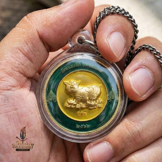 Authentic Thai Sacred Coin Amulet "Auspicious Fortune Pig - Chok Dee Edition 2019" (Green & Red Enamel Brass) by Luang Pu Saen, Wat Nong Jik Thai Blessing Co By RURUECHA