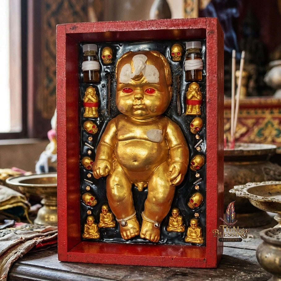 Authentic Thai Sacred Kuman Thong Resting in Coffin Statue "Extreme Wealth & Gambling Luck Edition 2023" (Resin & Phong Phrai Kuman Powder) by Arjan Weerathep Yan Khru Prasit Thai Blessing Co By RURUECHA