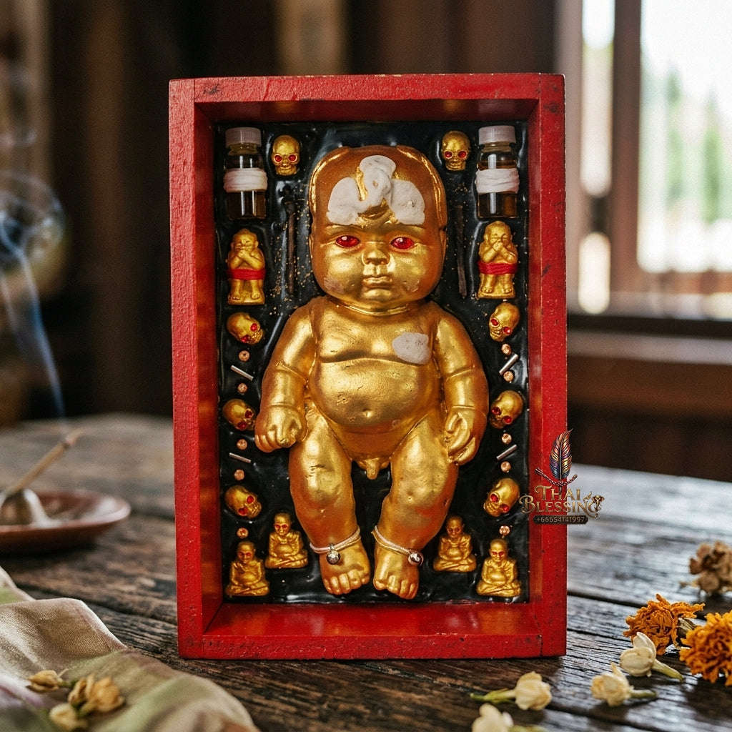 Authentic Thai Sacred Kuman Thong Resting in Coffin Statue "Extreme Wealth & Gambling Luck Edition 2023" (Resin & Phong Phrai Kuman Powder) by Arjan Weerathep Yan Khru Prasit Thai Blessing Co By RURUECHA