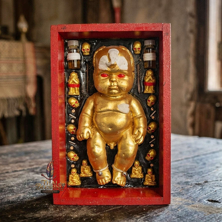 Authentic Thai Sacred Kuman Thong Resting in Coffin Statue "Extreme Wealth & Gambling Luck Edition 2023" (Resin & Phong Phrai Kuman Powder) by Arjan Weerathep Yan Khru Prasit Thai Blessing Co By RURUECHA