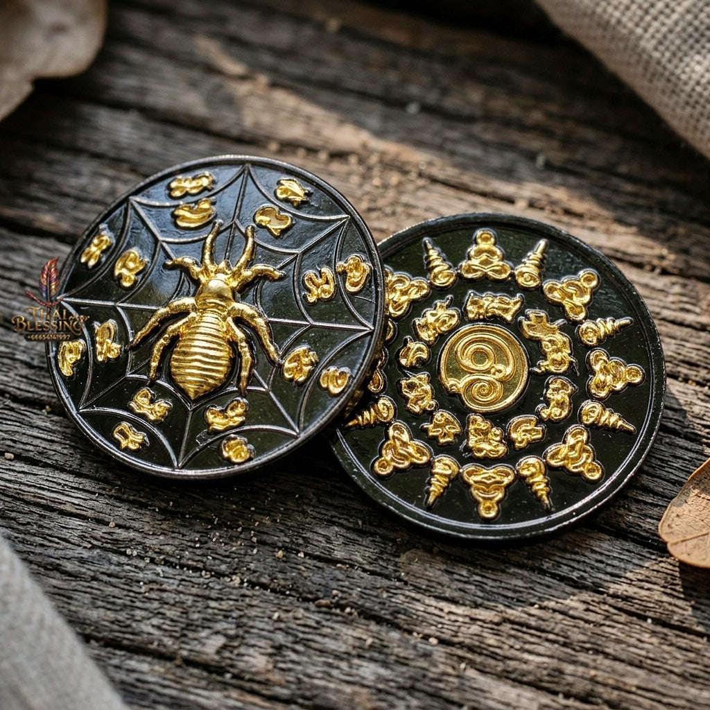 Authentic Thai Sacred Maeng Mum Maha Lap Maha Setthi (Divine Wealth Spider Coin) - Black Rhodium & Gold Plated for Ultimate Money Trapping, Gambling Luck, Business Prosperity & Protection