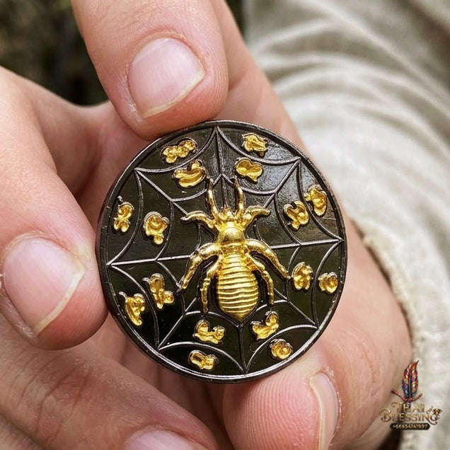 Authentic Thai Sacred Maeng Mum Maha Lap Maha Setthi (Divine Wealth Spider Coin) - Black Rhodium & Gold Plated for Ultimate Money Trapping, Gambling Luck, Business Prosperity & Protection