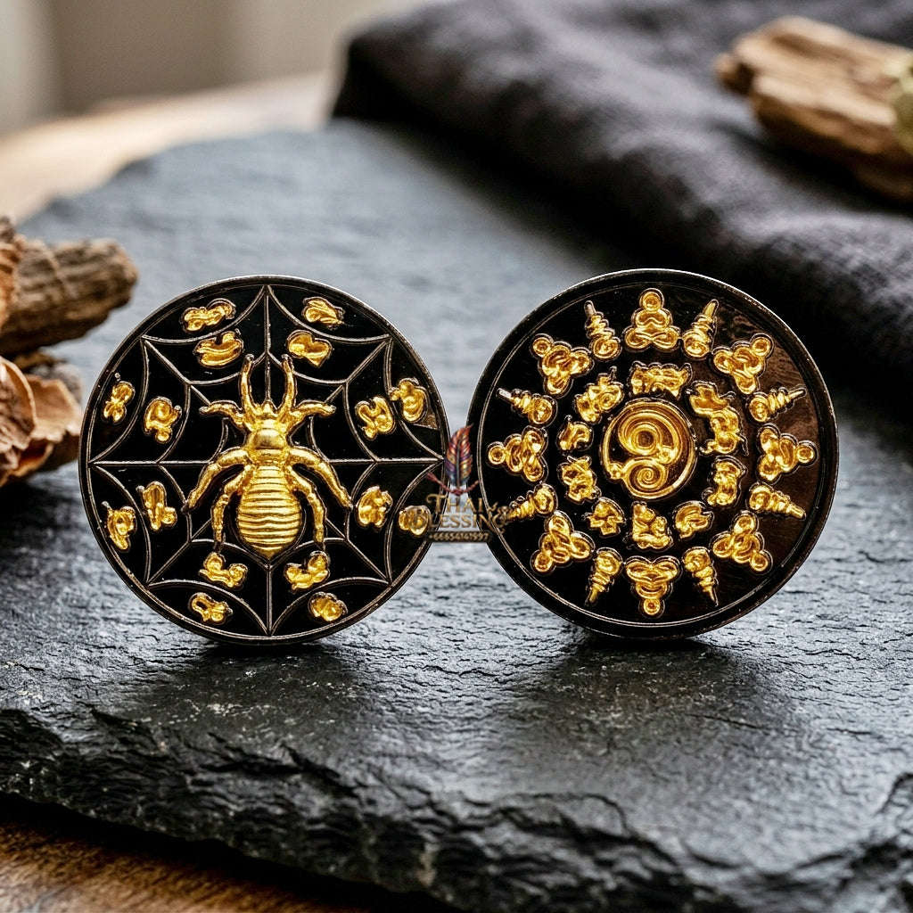 Authentic Thai Sacred Maeng Mum Maha Lap Maha Setthi (Divine Wealth Spider Coin) - Black Rhodium & Gold Plated for Ultimate Money Trapping, Gambling Luck, Business Prosperity & Protection
