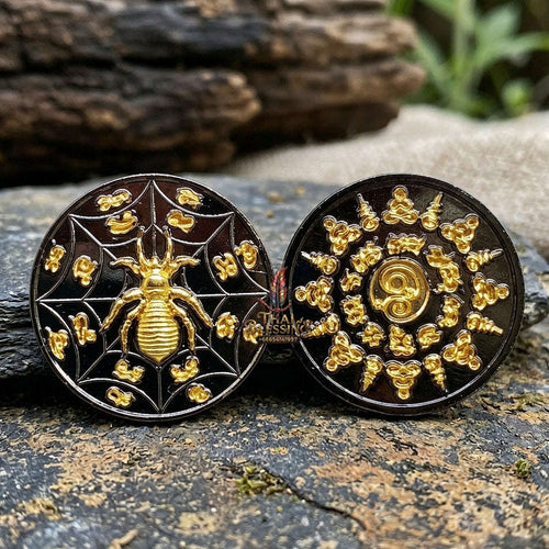 Authentic Thai Sacred Maeng Mum Maha Lap Maha Setthi (Divine Wealth Spider Coin) - Black Rhodium & Gold Plated for Ultimate Money Trapping, Gambling Luck, Business Prosperity & Protection Thai Blessing Co By RURUECHA