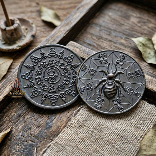 Authentic Thai Sacred Maeng Mum Maha Lap Maha Setthi (Divine Wealth Spider Coin) - Blackened Metal for Ultimate Money Trapping, Gambling Luck, Business Prosperity & Protection Thai Blessing Co By RURUECHA