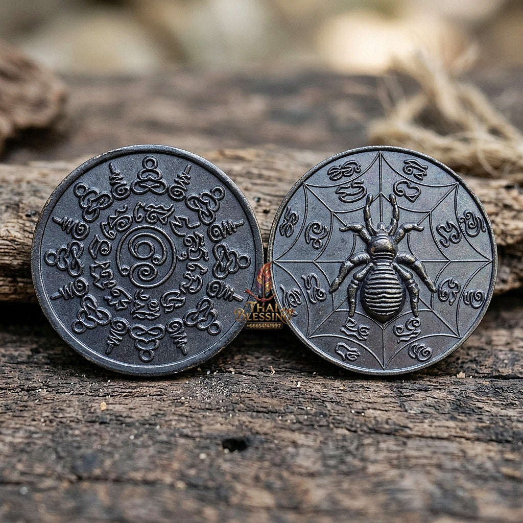 Authentic Thai Sacred Maeng Mum Maha Lap Maha Setthi (Divine Wealth Spider Coin) - Blackened Metal for Ultimate Money Trapping, Gambling Luck, Business Prosperity & Protection Thai Blessing Co By RURUECHA