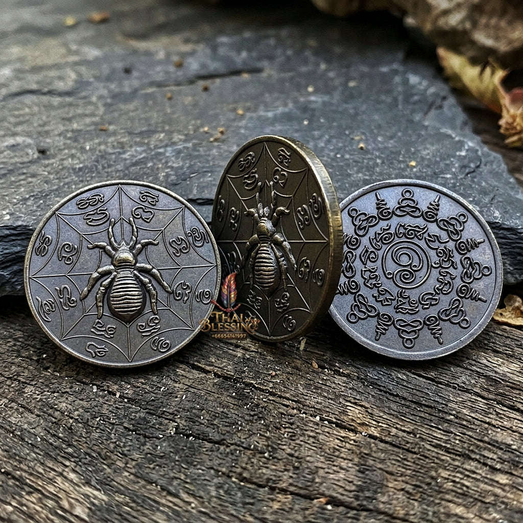 Authentic Thai Sacred Maeng Mum Maha Lap Maha Setthi (Divine Wealth Spider Coin) - Blackened Metal for Ultimate Money Trapping, Gambling Luck, Business Prosperity & Protection Thai Blessing Co By RURUECHA