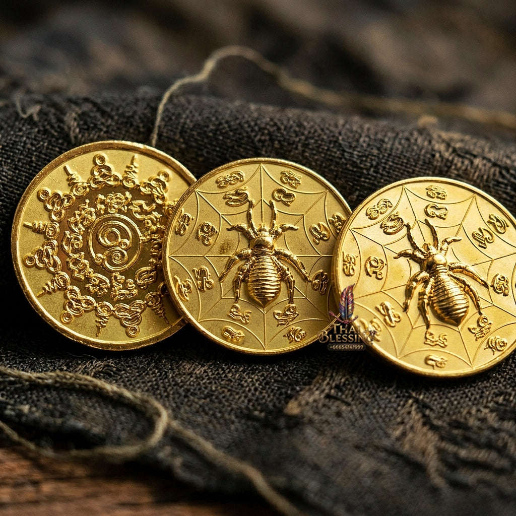 Authentic Thai Sacred Maeng Mum Maha Lap Maha Setthi (Divine Wealth Spider Coin) - Gold Plated for Ultimate Money Trapping, Gambling Luck, Business Prosperity & Protection