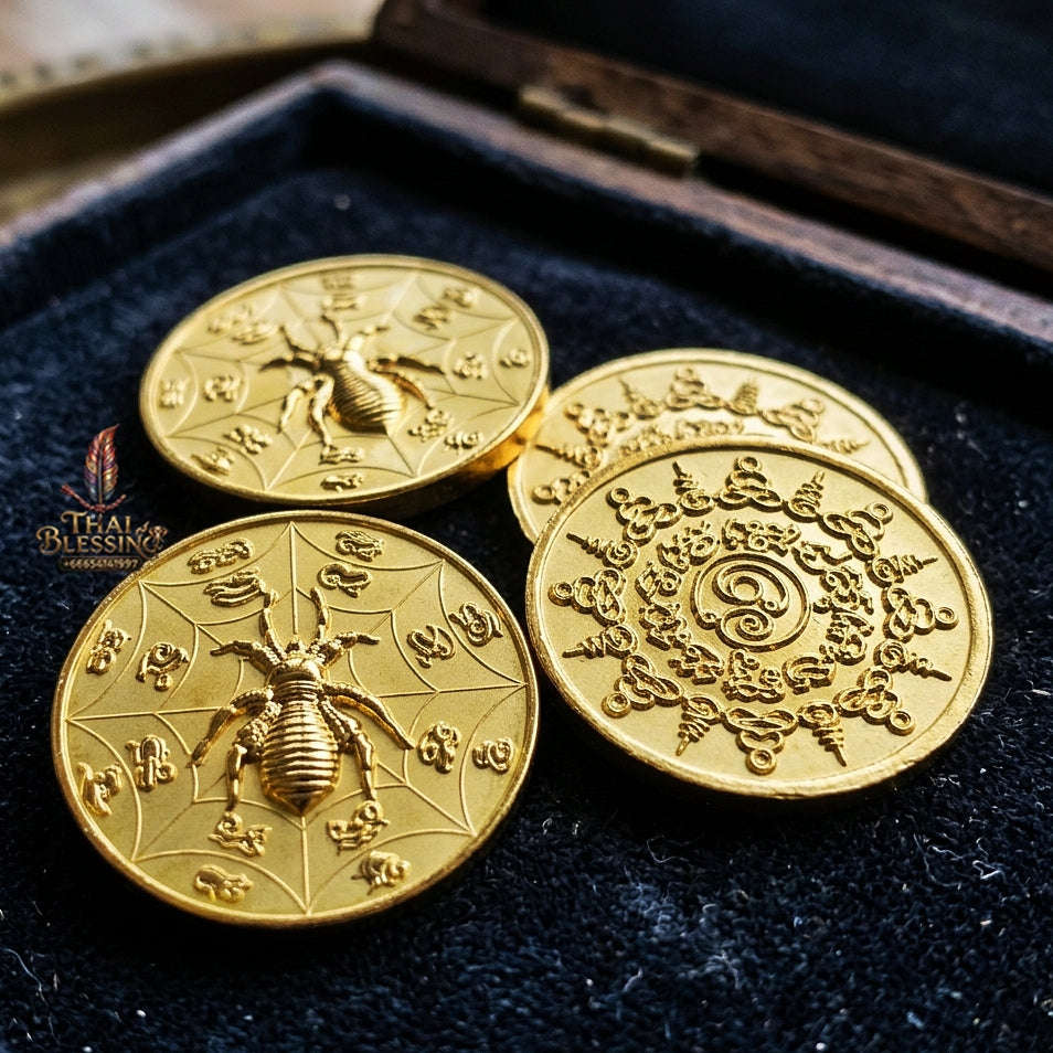 Authentic Thai Sacred Maeng Mum Maha Lap Maha Setthi (Divine Wealth Spider Coin) - Gold Plated for Ultimate Money Trapping, Gambling Luck, Business Prosperity & Protection